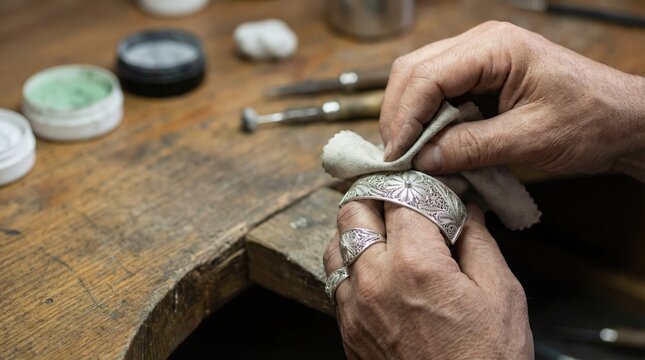 Jeweler's hands polishing an intricate silver filigree cuff bracelet in a busy workshop.