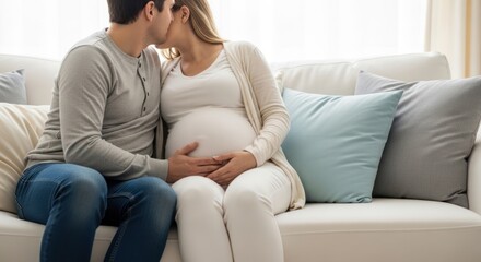 Obraz premium Pregnant Couple Kissing on Sofa, Expecting Parents, Love and Family
