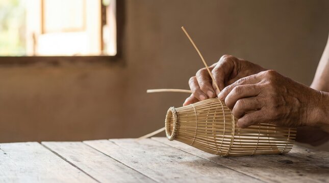 Elderly artisan's hands weaving a traditional bamboo fishing trap or basket at a wooden table.