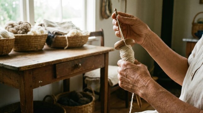 Elderly woman's hands spinning natural wool into yarn using a traditional wooden drop spindle.