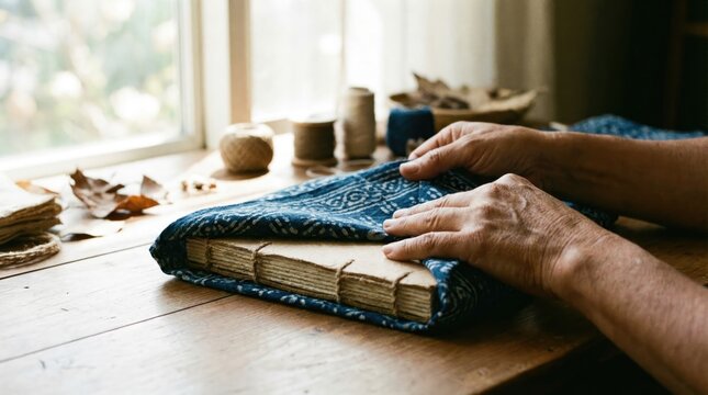 Bookbinder's hands covering a handmade, hand-stitched book with traditional blue patterned fabric.