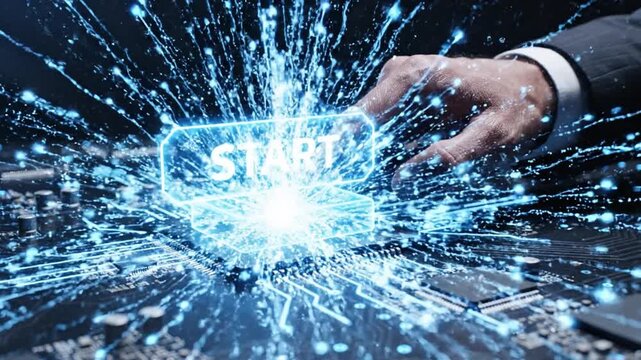 A businessman moves his finger to touch a glowing start button on a circuit board. This represents beginning new work from home tasks. The scene shows a modern digital setup with bright lights