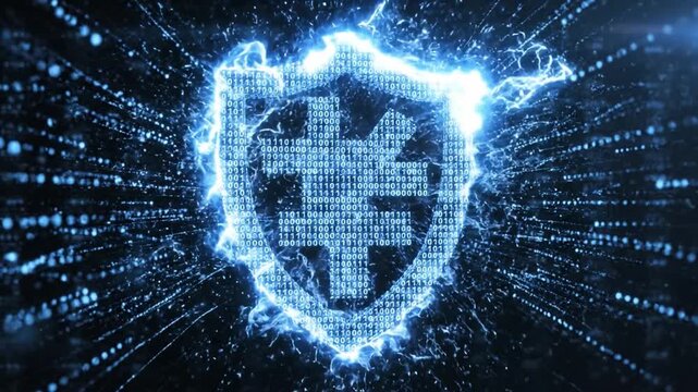 Glowing blue digital shield appears on a dark background, showcasing cybersecurity themes. This represents online privacy and protection in a digital space