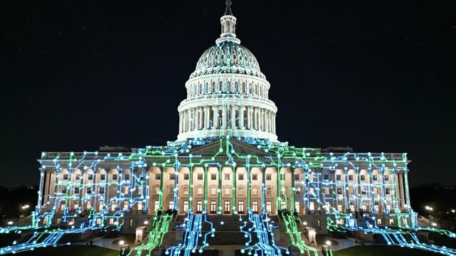 The Capitol building is shown at night with digital data circuits illuminated on its surface. This highlights themes of global security and digital governance