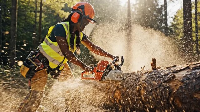 A worker wears safety gear and uses a chainsaw to cut a log in a bright forest. Sawdust flies around as the worker focuses on timber harvesting. This shows the use of heavy machinery