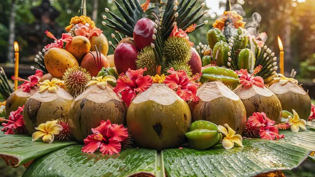 Vibrant Tropical Fruit Offering with Coconuts Hibiscus Flowers and Candles in Soft Morning Light
