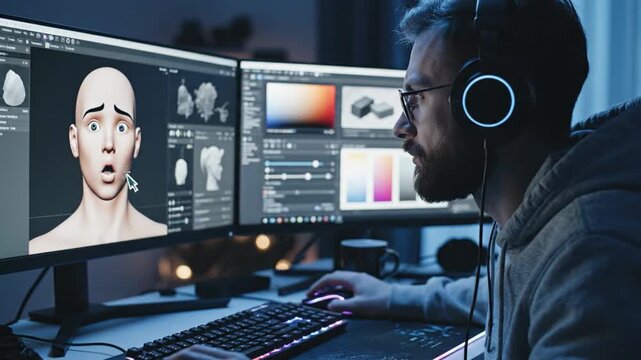 Male artist works from home late at night, focusing on character designs and expressions on dual monitors for game development. He uses headphones to enhance his concentration