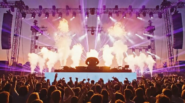 A DJ stands on stage wearing headphones as crowds cheer and wave. Colorful lights and smoke fill the air, creating a lively atmosphere during sunset at an outdoor music festival
