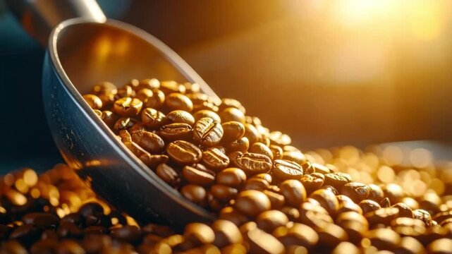 Aromatic roasted coffee beans in a metal scoop under warm sunlight