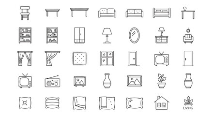 Fototapeta premium A collection of white line drawings of furniture and household items on a black background PNG