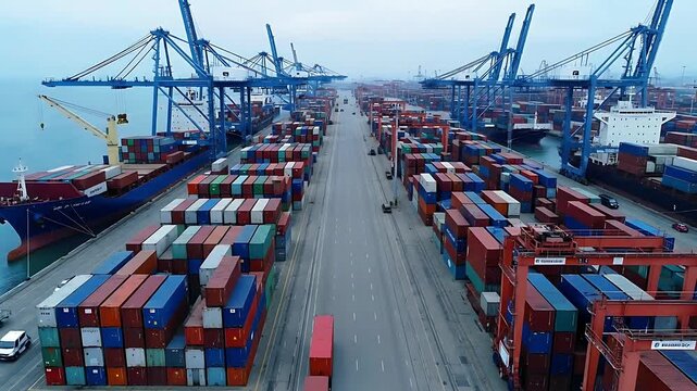 Aerial drone view of a busy international shipping port with massive container cranes loading and unloading cargo ships and stacks of colorful shipping containers on the docks with trucks moving