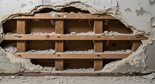 Exposed Vintage Plaster and Lath Wall Construction in Old Building Renovation