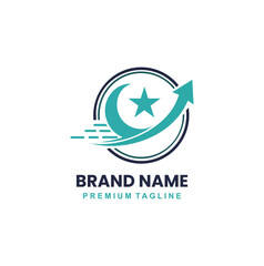 Modern professional crescent moon and star with a rising arrow.