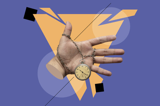 Collage art with a watch on a human palm
