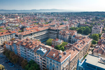 Aerial Day View of Sofia City Center with Traditional Red Tiled Roofs and Vitosha Mountain in the Background
