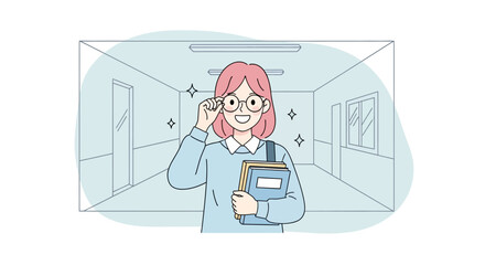 Smiling Female Student Holding Books in School Hallway Flat Vector Illustration