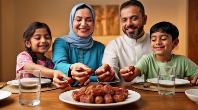 A happy family enjoying a traditional iftar meal together at home during Ramadan