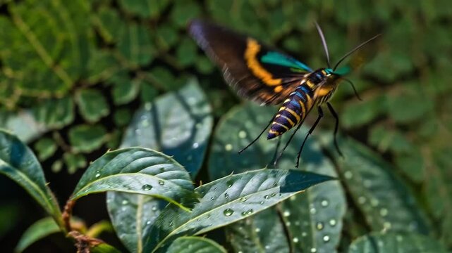 Vibrant butterfly resting on dewy green leaf in natural habitat