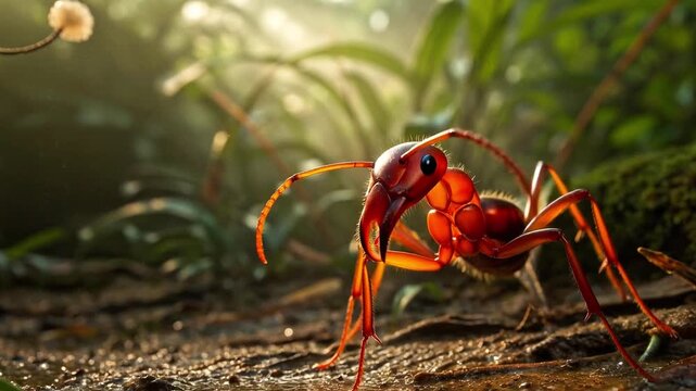 Majestic ant exploring forest floor with sunlight shining through