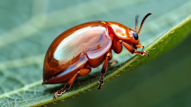 Vibrant orange beetle on green leaf in natural habitat