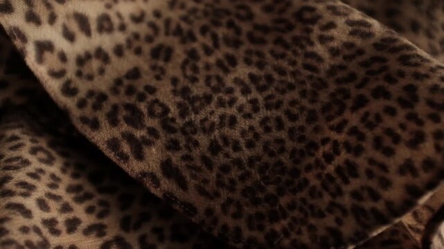 Closeup video of piece of clothes made of soft woollen leopard print fabric. Appreciating pleasant texture of high quality textile for clothes. Soft and cosy textile. Trendy clothes fabric for winter 
