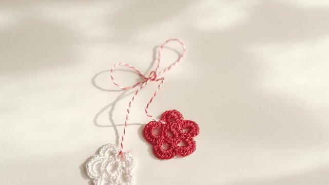 Handmade crochet Martisor with red and white flowers and entwined string &ndash; traditional Romanian and Moldovan spring symbol for March 1st. Representing rebirth, luck, and the end of winter.