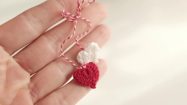Handmade crochet Martisor with red and white flowers and entwined string &ndash; traditional Romanian and Moldovan spring symbol for March 1st. Representing rebirth, luck, and the end of winter.