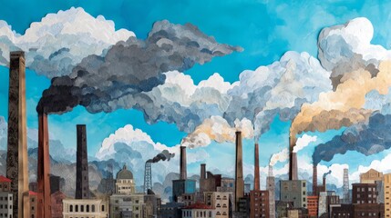 Vibrant Urban Cityscape Collage with Smoky Clouds and Industrial Features