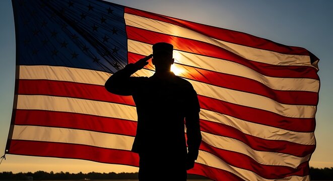 Silhouette of a soldier saluting in front of the United States flag at sunset, patriotic tribute concept for Memorial Day honoring fallen heroes, national remembrance theme, dramatic lighting scene