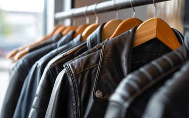 Fototapeta premium Iconic Leather Fashion Jackets from the Last Century on Wooden Hangars