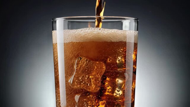 A glass of cola being poured with ice cubes against a dark background