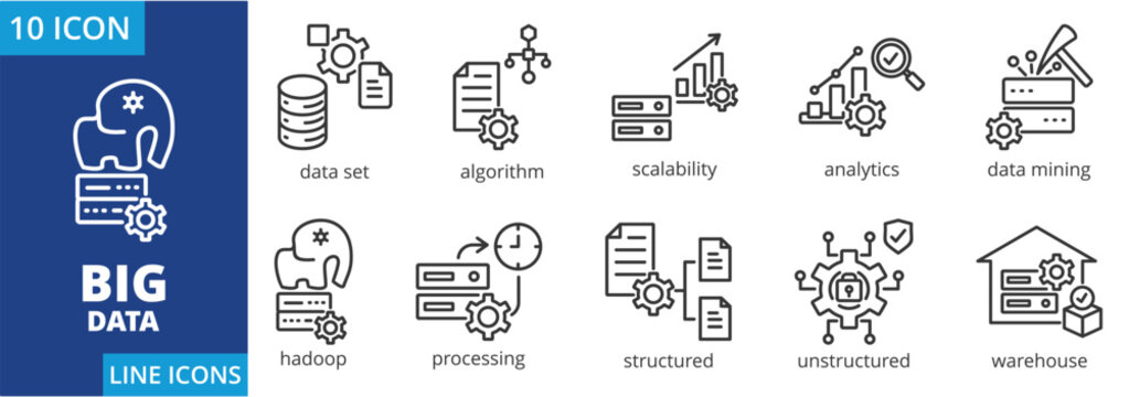 Big Data  icon set collection in outline style. Containing dataset, algorithm, scalability, 
analytics, data mining, hadoop, real-time processing, structured data, unstructured data, data warehouse.
