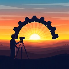 Obraz premium Silhouette of a person filming a sunset with a gear-shaped sun, symbolizing production and creativity