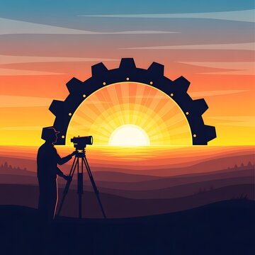 Silhouette of a person filming a sunset with a gear-shaped sun, symbolizing production and creativity