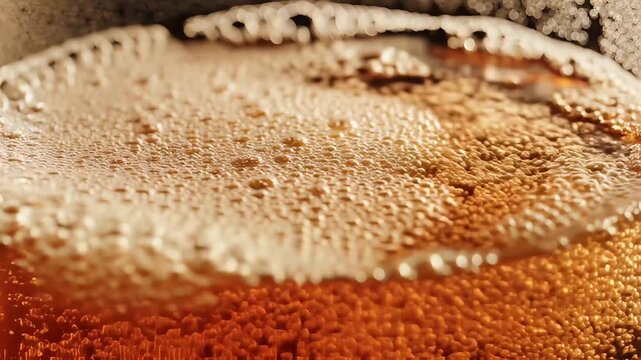 Macro view of frothy beer head on a glass filled with golden liquid, showcasing the drink's texture and color