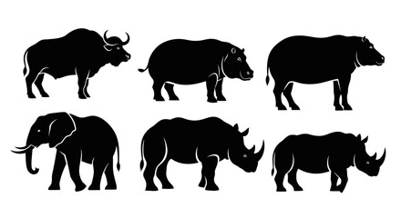 Obraz premium African and Asian Wildlife Silhouettes: Elephant, Rhino, Hippo, and Buffalo Vector Set