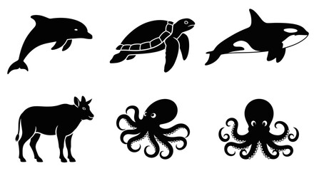 Obraz premium Animal Silhouettes Collection: Marine Life and Land Mammal Vector Icons