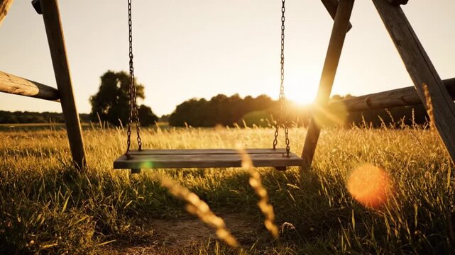 swing at sunset in the meadow full of yellow grass with serene and calm feeling