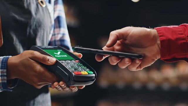 Seamless Contactless Payment with Smartphone at a Retail POS Terminal for Modern E-commerce.