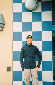 Man in front of Checkered Wall Seaside, Oreogn