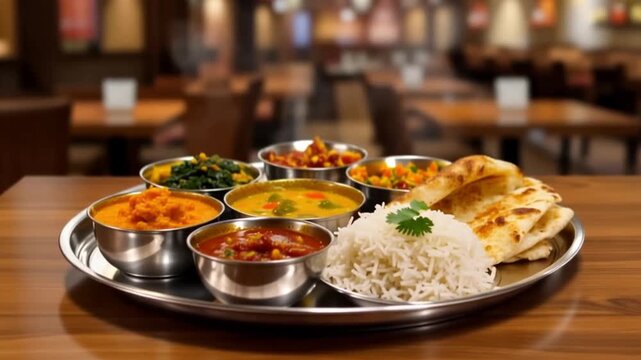 Traditional Indian Cuisine Thali Set with Variety of Curries and Sauces