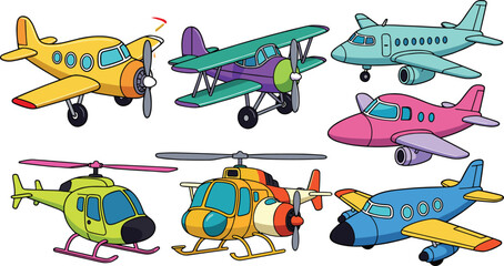 Colorful cartoon aircraft illustration set featuring airplanes and helicopters in vibrant pixel style with propellers, jets, rotors, and playful aviation designs for children’s education and  © Masud