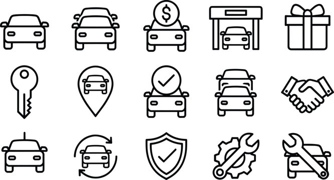 Black and white automotive icons featuring cars, garage, dollar coin, handshake, shield, wrench, gear, location pin, and fleet vehicles for dealership, rental, insurance, and repair design