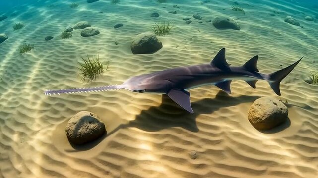 Sawfish Serenity: A sawfish glides effortlessly through the clear, turquoise waters. Its unique rostrum, dotted with teeth, reveals its evolutionary wonder. The sandy seabed.