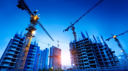 Fototapeta premium Evening Construction Site Progress with Cranes and Buildings Underway
