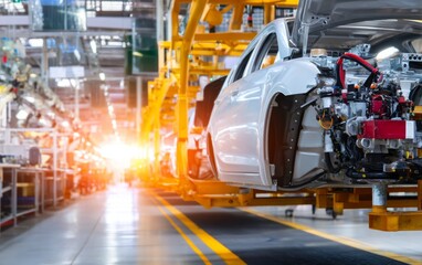 Fototapeta premium Robotic Welders in Car Assembly Line Manufacturing Parts Process