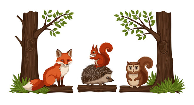 A group of forest animals standing on tree stumps together happily