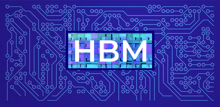 High bandwidth memory HBM technology concept on blue background illustrating advanced computer chip architecture