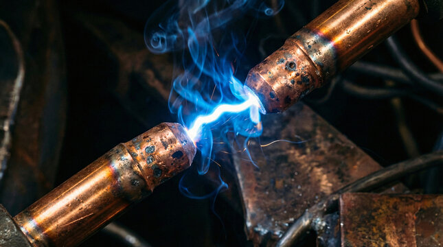 Electric blue arc discharge between two industrial welding electrodes