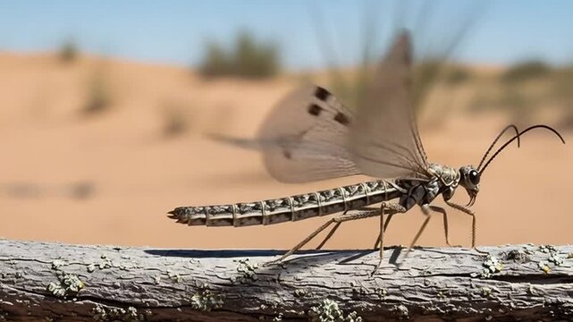 Antlion Insect in the Desert: A close-up view reveals an intricate antlion insect, perched on a weathered branch against the backdrop of a sun-drenched desert, its delicate wings poised for flight.